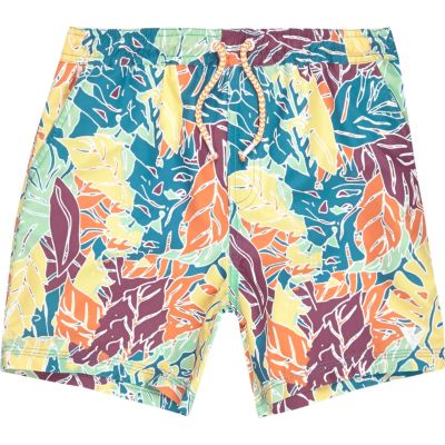 Boys yellow leaf print swim shorts